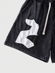 ROMWE MEN Street Life Men's Numeric Pattern Drawstring Waist Pocket Casual Shorts - Black - View 6