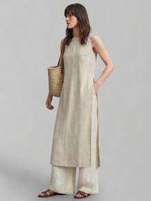 Ontre Women's Linen Bamboo Texture Crew Neck Asymmetric Hem Side Slit Casual Blouse,Light Beige,Summer,Vacation,Holiday,Boho Chic Office Wear Summer Top - White - View 6
