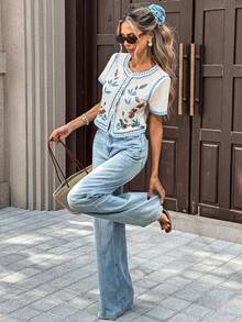 Pariaura Women's White And Blue Floral Summer Elegant Tea Party Boho Top,Short Sleeve Crochet Embroidered Blouses,French Countryside Style Vacation Beach Tops - Blue and White - View 3