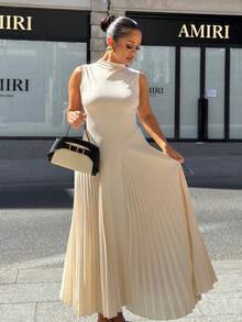 NegzBox 女士優雅百褶緊身A字裙 - 杏色 - 查看 7