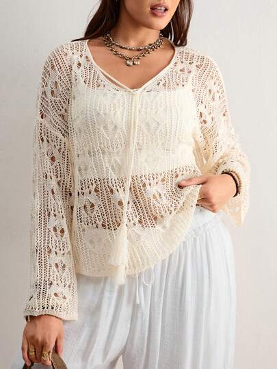 Freevana Boho Beach Vibe | Women's Crochet Knit Fishnet Hollow Out Hooded Long Sleeve Sweater - Loose Fit Cover Up Top For Swimwear Bikini