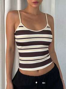 DAZY Women's Backless Camisole Summer Top Vacation Brown Striped Casual - Multicolor - View 7