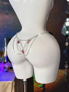 Metal Chain Decorated Gem Backless Sexy Ladies Underwear - Black - View 1