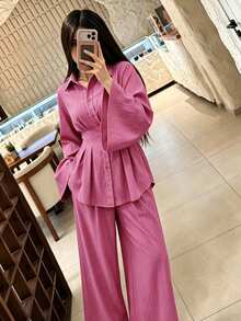 Graceveil Bộ 2 món: Áo sơ mi cổ bẻ tay loe buộc dây phía trước và quần ống rộng, màu đỏ. - Đỏ - Xem 4