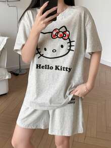 HELLO KITTY | DAZY Set Piyama Wanita Motif Grafis Longgar, Kaos dan Celana Pendek, Musim Panas - Grey - View 5