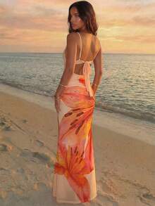 Aloruh Vestido largo ajustado con tirantes finos y sin mangas, con diseño calado, para verano - Albaricoque - Ver 3