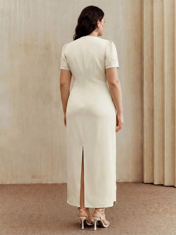 Anewsta New Spring/Summer Plus Size Women Solid Color Straight Waist Short Sleeve Dress, Hollow Embroidery Pearl Decor Long Dress, Suitable For Spring/Summer Casual Wear, Valentine's Day, Party, Vacation, Office, Wedding Guest, Luxury Dress