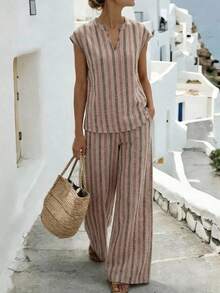 EMERY ROSE Women's Notched Collar Striped Casual Summer Daily Loose 2 Pieces Set Summer Clothes   For Women Beach Outfits For Women   Summer Holiday Outfits - Khaki - View 3