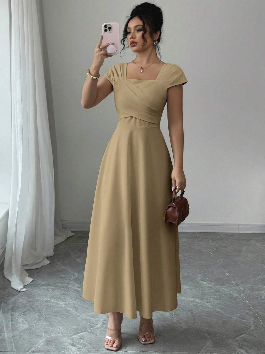 Modelyn Women's Solid Color Simple Square Neck Short Sleeve Dress - Khaki - View 1