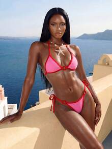 Swim Vcay Women's Contrast Color Splicing Micro Triangle Cup Halter Tie Bikini Swimwear Set White Summer Casual Sexy Boat Trip Holiday Vacation Golf - Multicolor - View 8