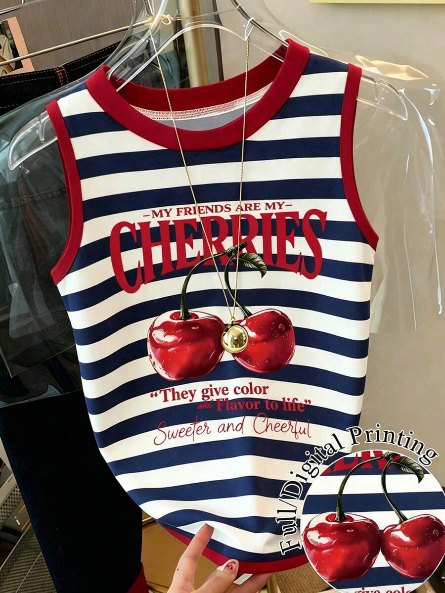 Resyla Summer Casual Colorblock Striped Cherry Slogan Print Tank Top - Multicolor - View 1