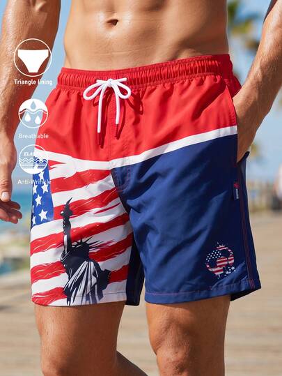 Surfspeed Summer Holiday Men's US Flag Print Drawstring Waist Beach Shorts Holiday / Vacation / Beach / Hawaii / Tropical / Swim /  Bathing