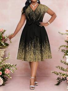 SHEIN Lady Đầm tay ngắn cổ chữ V đính sequin cỡ lớn - Nhiều màu - Xem 6