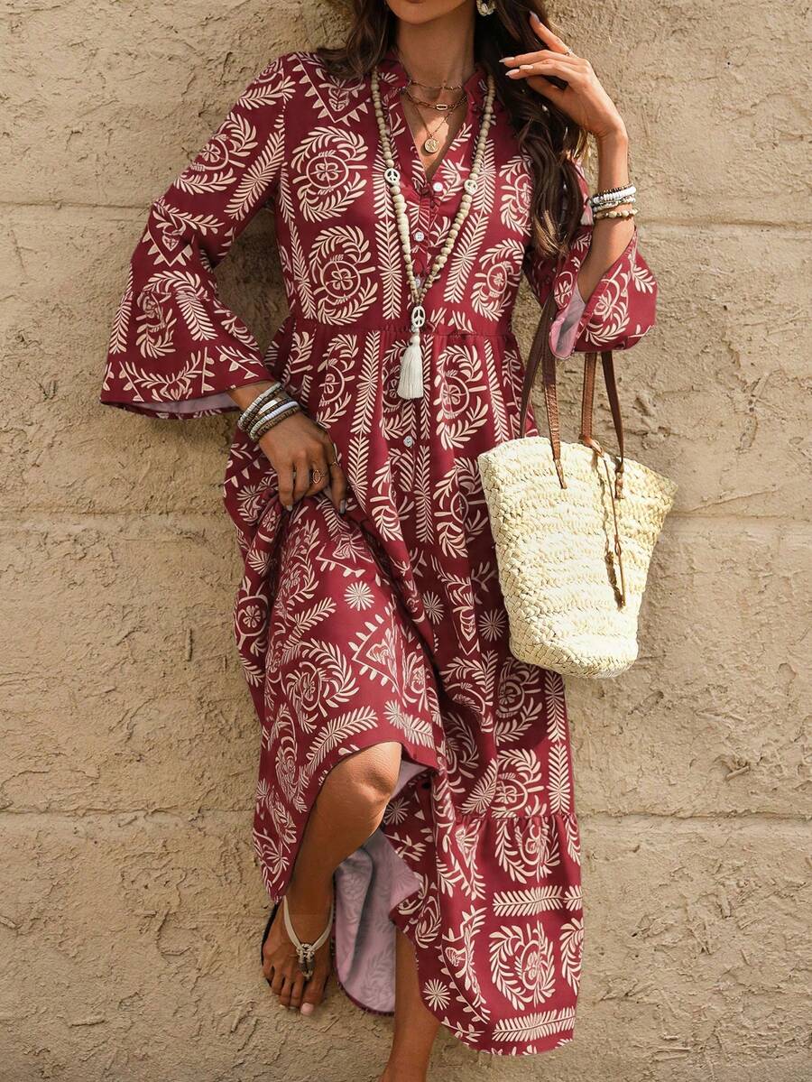 Breezaya Women's Casual Boho Printed Long Dress, Autumn Vacation Burgundy - Burgundy - View 1