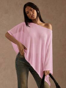 SHEIN BAE Women's Summer Fashion Solid Color Asymmetric Blouse,Summer Top - Baby Pink - View 4
