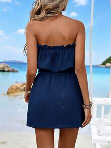 Swim Vcay Women's Summer Beach Solid Color Ruffle Waist Textured Vacation Dress - Navy Blue - View 2