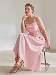 MOTF PREMIUM PLUS SIZE WOMEN'S ASYMMETRICAL RUCHED BUST BELTED WAIST FLARE DRESS, SPRING/SUMMER - Pink - View 1
