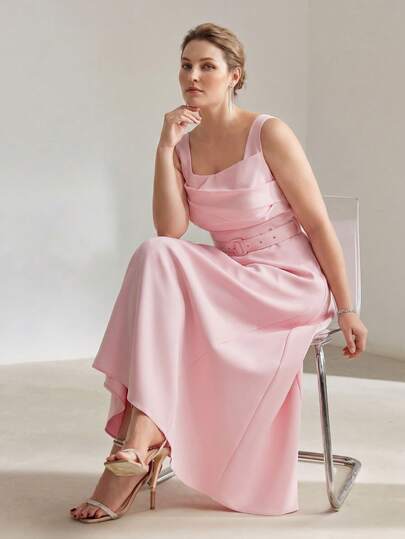 MOTF PREMIUM PLUS SIZE WOMEN'S ASYMMETRICAL RUCHED BUST BELTED WAIST FLARE DRESS, SPRING/SUMMER