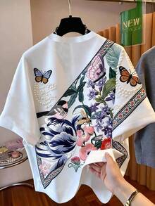 Camiseta de manga corta con cuello redondo y estampado floral, verano - Multicolor - Ver 2