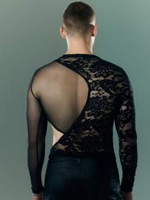FeverCity Camiseta de uso diario versátil y sexy con parches de encaje para hombres - Negro - Ver 3