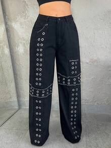 Dayanna Comas Quần jean ống rộng cạp thấp thêu đinh tán kim loại phong cách Punk Kpop - màu đen - Xem 4