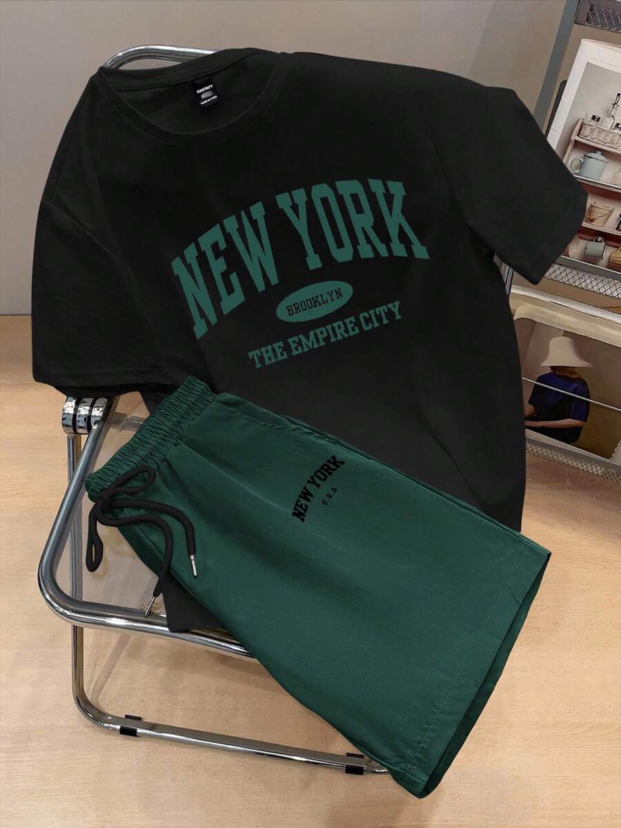 Manfinity Joysei Bộ đồ nam trẻ trung, thời trang, cỡ tiêu chuẩn, gồm áo thun đen in chữ New York và quần xanh lá cây, thích hợp cho mặc thường ngày. - Nhiều màu - Xem 1