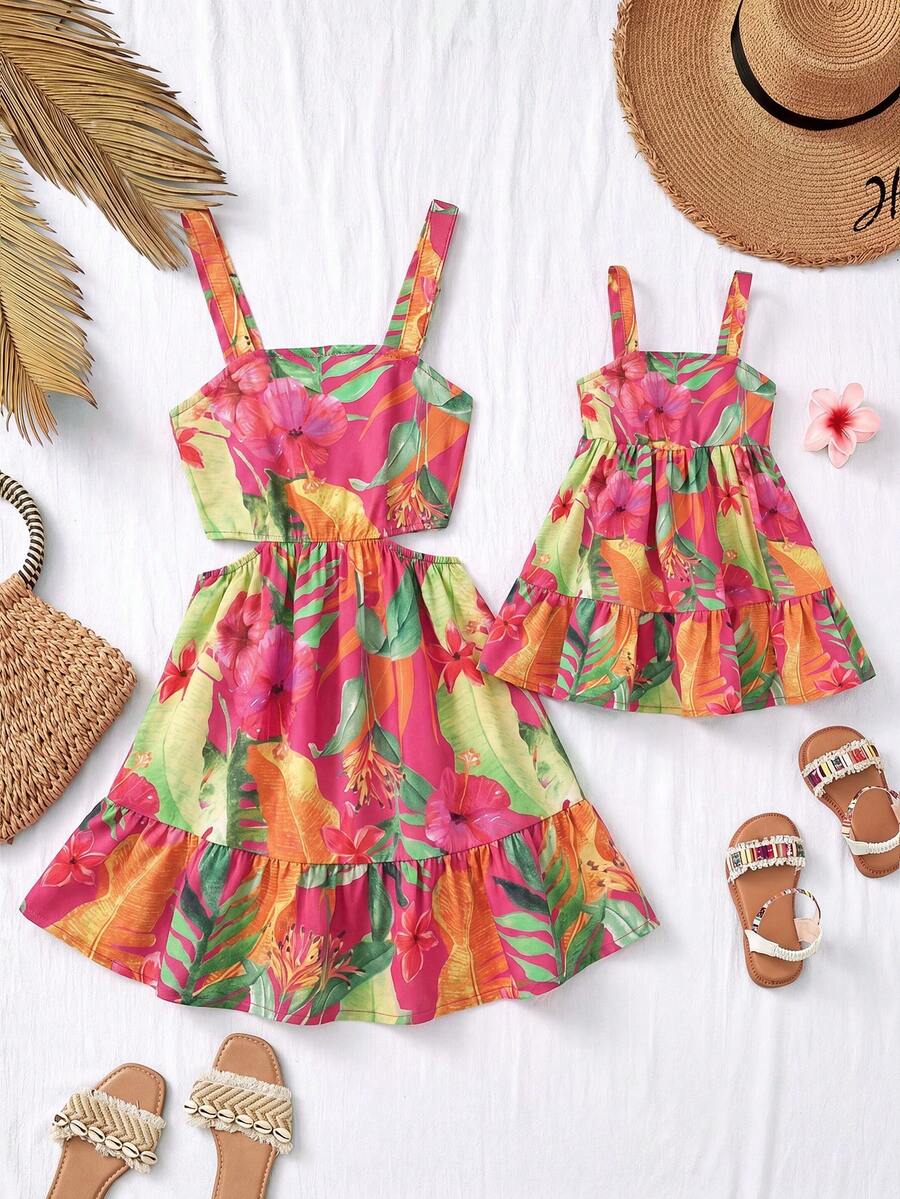 Travachic KIDS Babygirl Summer Cute Leaf Print Spaghetti Strap Dress - Hot Pink - View 1