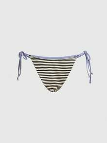 ROMWE Avant Traje de baño de estilo patchwork con estampado de rayas amarillas y sexy para verano, adecuado para la playa, fiestas de cumpleaños y atuendos de playa. Conjunto de bikini elegante y casual de 2 piezas con estilo bohemio para vacaciones - Amarillo - Ver 6