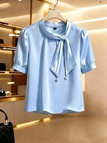 GlowEve CURVE Áo sơ mi satin thắt nơ cỡ lớn dành cho nữ, áo sơ mi voan trắng dáng rộng thanh lịch mùa hè mới dành cho nữ. - Màu xanh nhạt - Xem 6