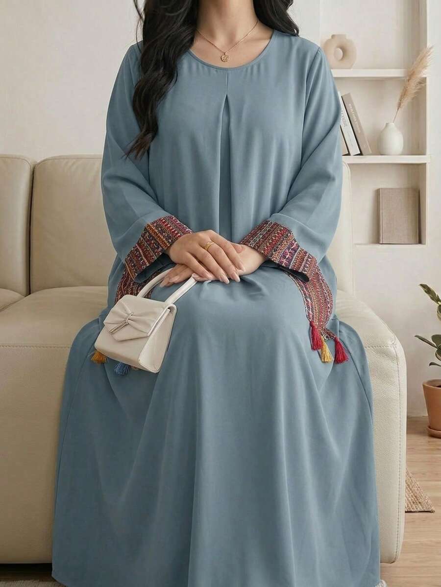 Al Najma Plus Size Women Floral Patchwork Pocket Tassel Design Loose Casual Dress - Blue - View 1