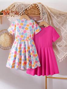 Elladie kids Bộ 2 chiếc váy ngắn tay in hình hoa và chữ dễ thương cho bé gái, thích hợp cho kỳ nghỉ hè. - Nhiều màu - Xem 2