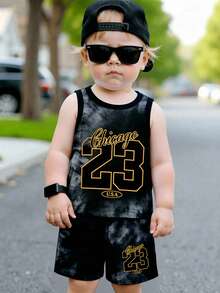 2 piezas Conjunto de ropa para bebé niño con estampado tie-dye, chaleco sin mangas con patrón numérico deportivo de moda + pantalones cortos a juego con estampado tie-dye, adecuado para salidas de verano - Multicolor - Ver 3