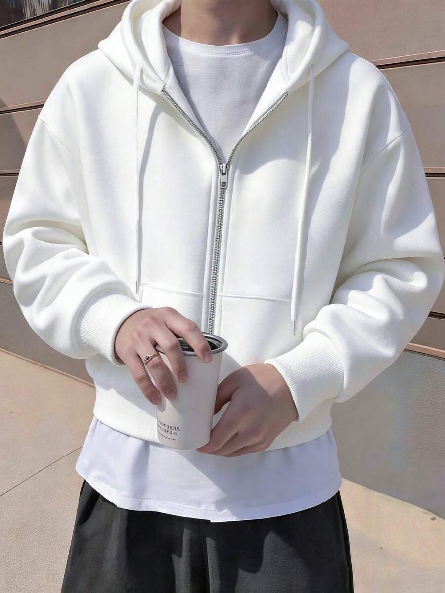 Claim Dot Men Casual Short Street Wear Zip Up Hoodie, Fall, Long Sleeve Top - White - View 1