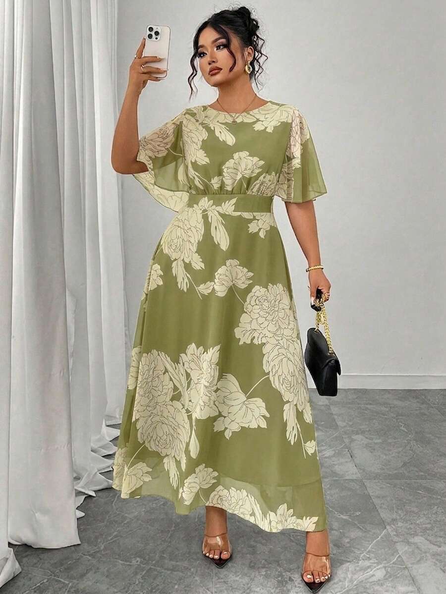 Modelyn Plus Size Women's Elegant Round Neck Ruffle Flare Sleeve Fitted Flowy Maxi Chiffon Dress, Spring/Summer - Multicolor - View 1