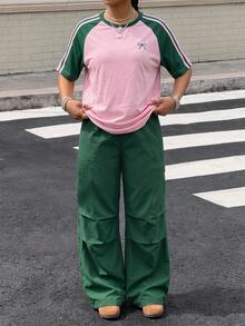 2pcs/Set Teenage Girls Comfortable Loose Outdoor Sports Drop Shoulder T-Shirt And Cargo Pants - Green - View 6