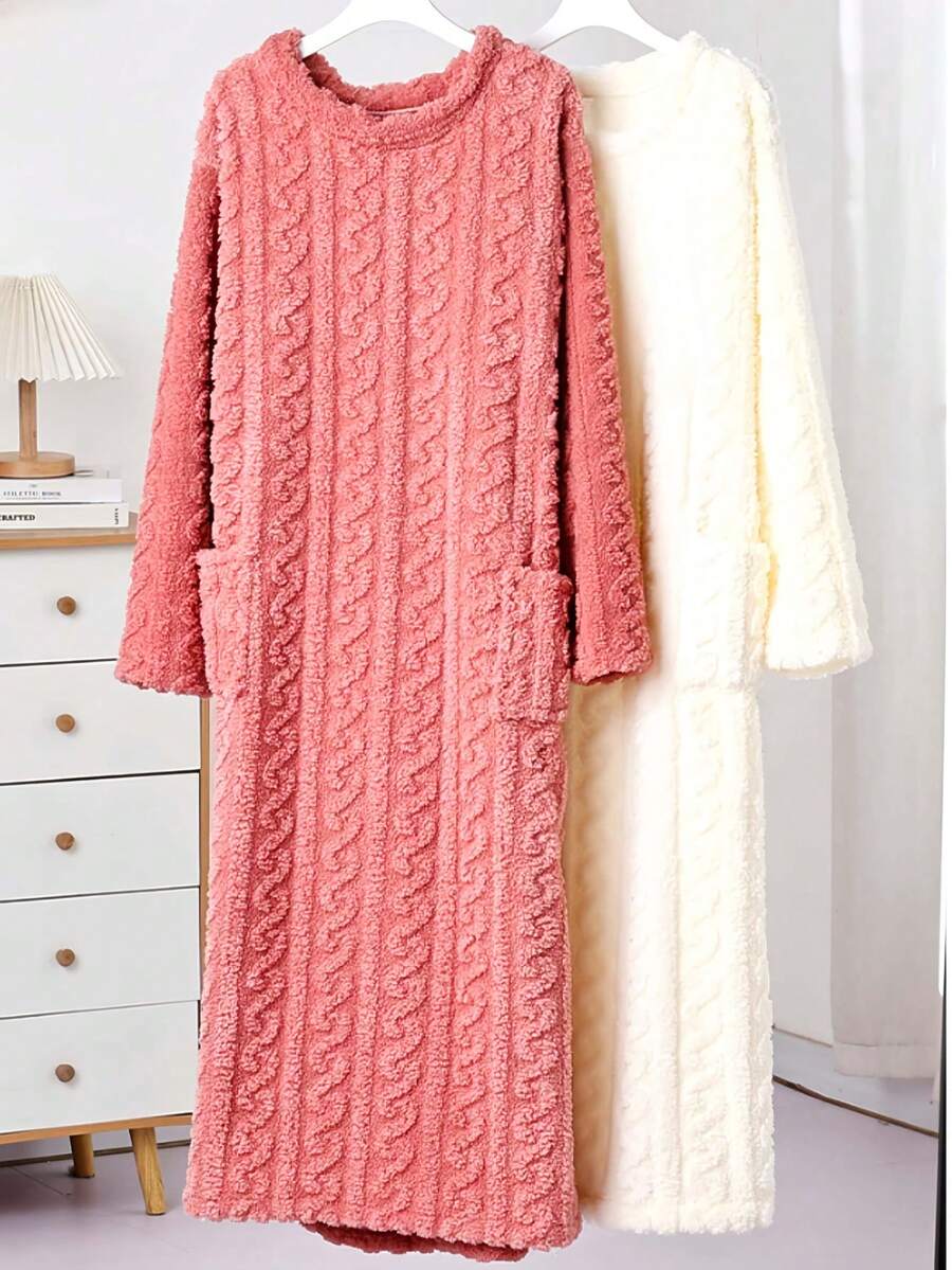 Bata gruesa y cálida para mujer en invierno, bata de baño de felpa larga, ropa de estar en casa con bolsillos, bata de estar en casa suave y esponjosa, camisón holgado y acogedor - Multicolor - Ver 1