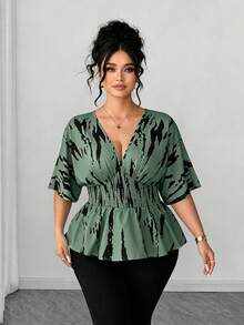 SHEIN Elenzya 大码女式V领插肩袖休闲衬衫，适合外出、聚会和通勤。 - 綠色 - 查看 5