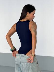 SHEIN HypeZone Áo liền thân không tay màu trơn, khóa kéo phía trước dành cho nữ, thích hợp cho mùa hè. - Màu xanh hải quân - Xem 2