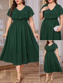 SHEIN Clasi Plus Size Women Elegant Patchwork Ruffle Beaded Design Dress - Dark Green - View 1