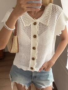DAZY Women's Fashion Versatile Vacation Hollow Out Single-Breasted Knit Lightweight Cardigan - White - View 7