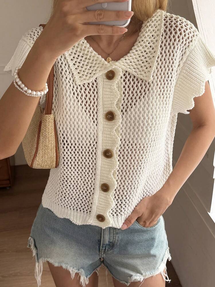 White Collar Hollow Out Cardigan For Women, Suitable For Party, Beach, Holiday, Summer