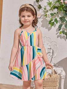 SHEIN Young Girl Striped Colorblock Overlap Collar Ruffle Hem Cami Dress - Multicolor - View 1