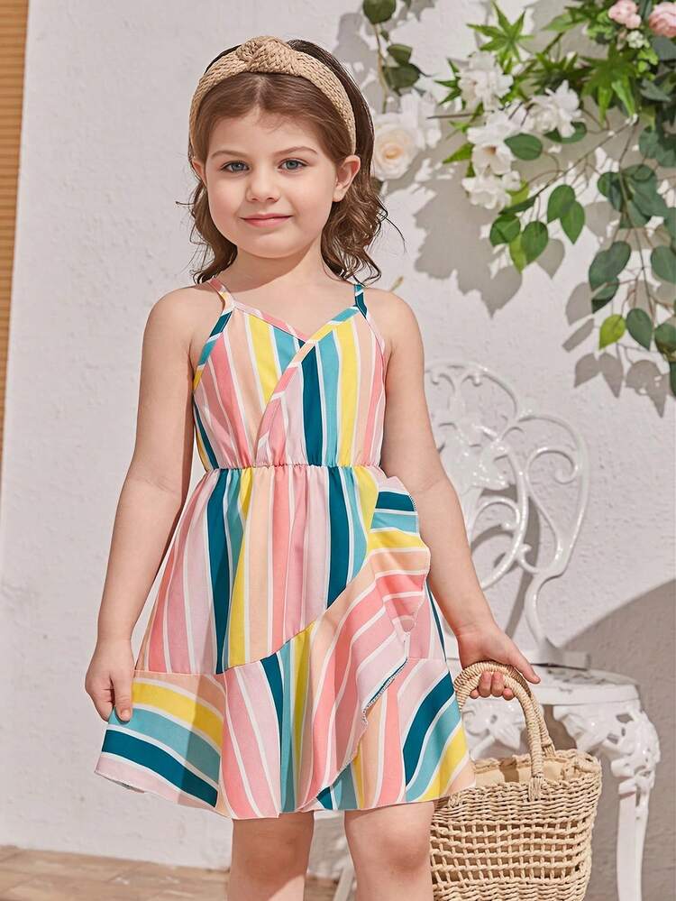 Young Girl Striped Colorblock Overlap Collar Ruffle Hem Cami Dress