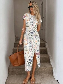 Easowa Đầm midi không tay, eo xoắn, xẻ cao, in họa tiết cổ điển, thanh lịch, thích hợp mặc hàng ngày vào mùa hè; Đầm ôm sát chất liệu dệt kim, thích hợp mặc sinh nhật; Bộ đồ tập thể dục; Đầm dự tiệc cưới; Trang phục công sở. - Nhiều màu - Xem 5