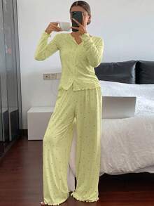DAZY Set de pijama de 2 piezas con top de cárdigan de manga larga con estampado de lunares y pantalones rectos y sueltos para mujer - verde menta - Ver 6