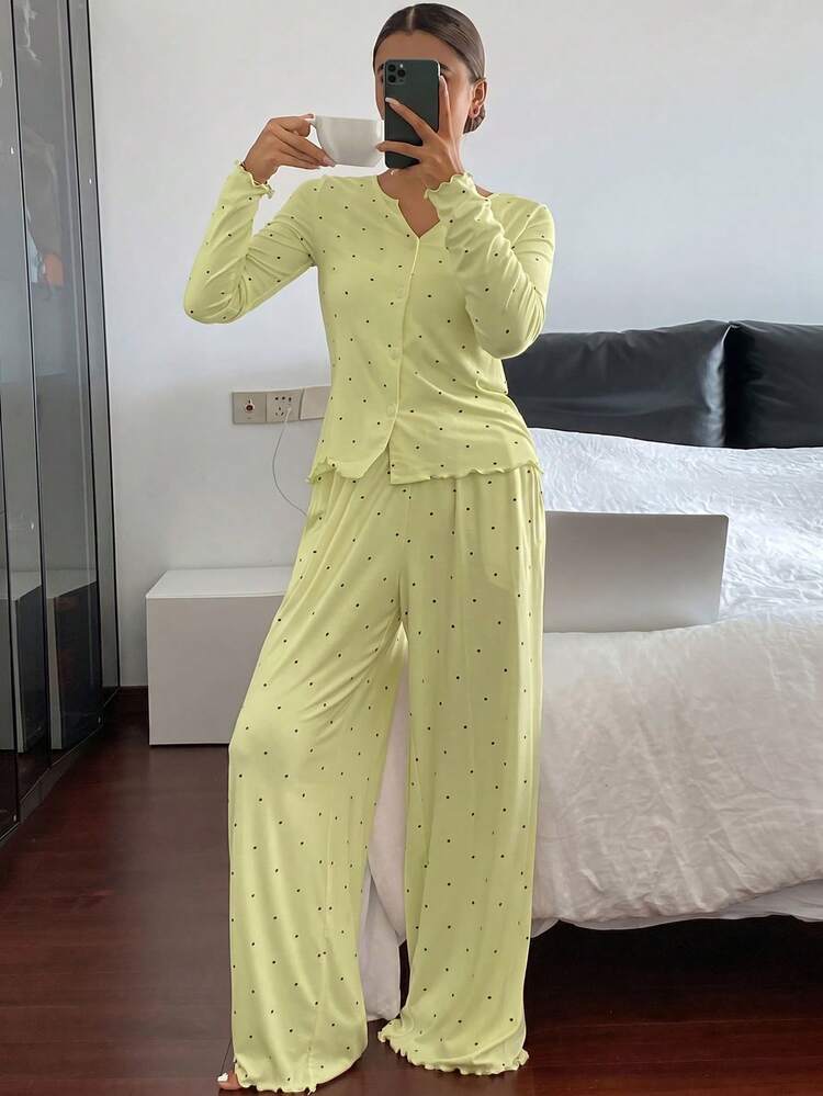 2pcs Women Polka Dot Print Cardigan Long Sleeve Top And Straight Loose Long Pants Pajama Set
