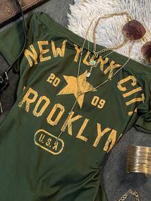SHEIN 2000 年代 Y2K 露肩修身短袖 T 恤，印有“NEW YORK”字样，休闲复古风格，适合日常穿着、通勤、派对、聚会和返校场合。 - 彩色 - 查看 3