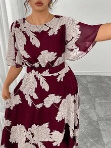 Modelyn Plus Size Women's Elegant Round Neck Ruffle Flare Sleeve Fitted Flowy Maxi Chiffon Dress, Spring/Summer - Red - View 6