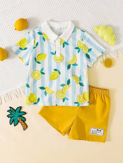 SHEIN Bộ 2 món cho bé trai, kiểu dáng thường ngày, thoải mái, thời trang tối giản, đa năng, mềm mại, rộng rãi, phong cách Hàn Quốc, gồm áo polo kẻ sọc và quần short xanh lá cây, thích hợp cho đi học, nghỉ lễ, dự tiệc, mùa xuân/hè.