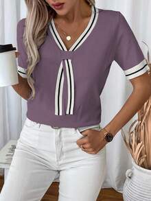 EMERY ROSE Women's Contrast Trim Short Sleeve Knit Top - Purple - View 5